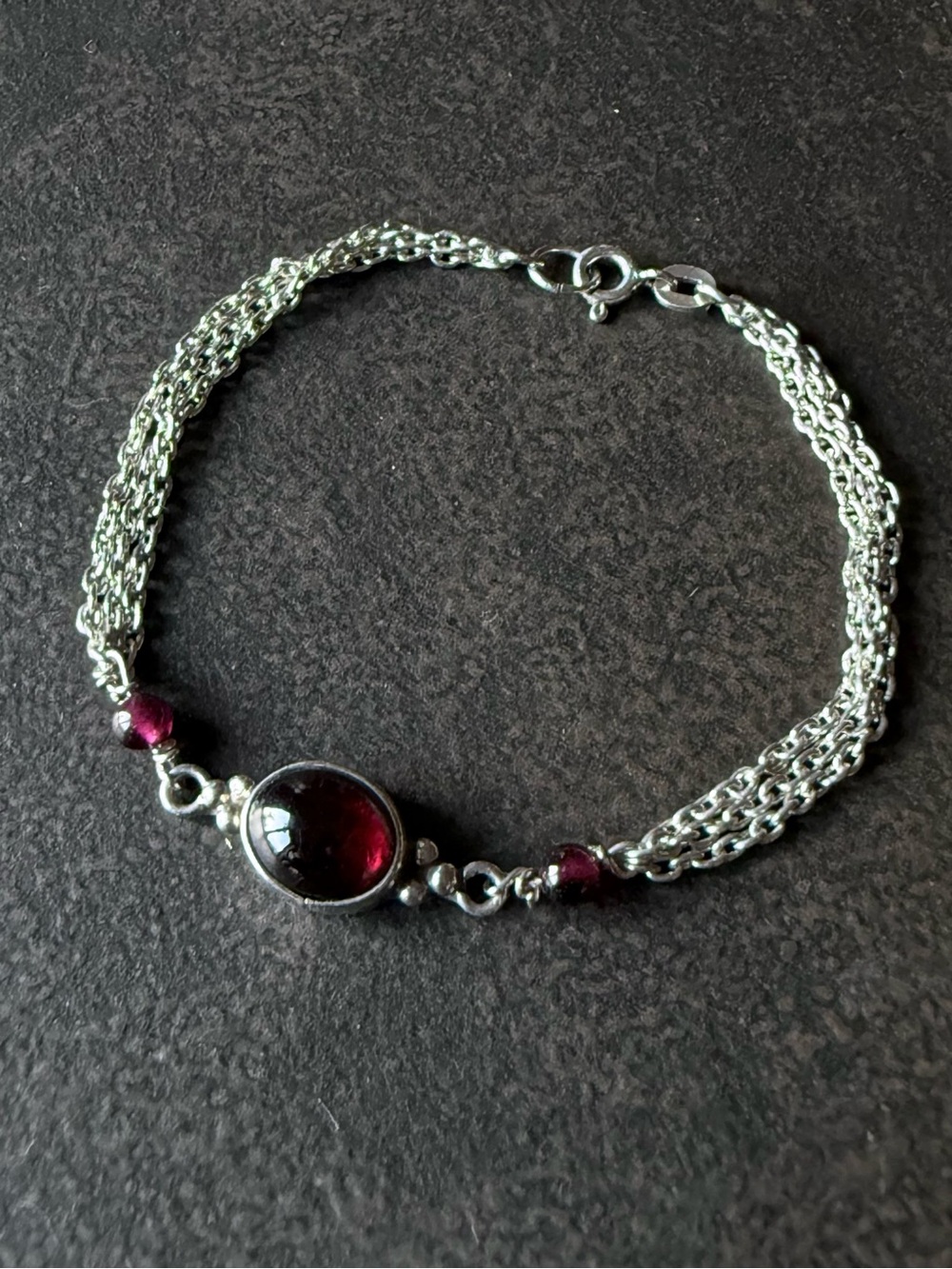 Delicate Sterling Silver Multi-Chain Bracelet with Bezel Set Amethyst Cabochon